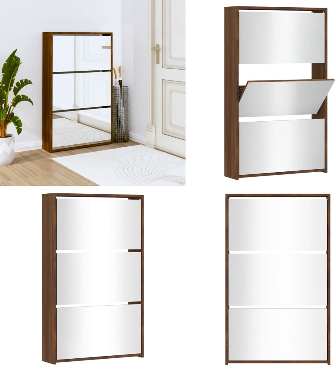 vidaXL Schoenenkast met spiegel 3-laags 63x17x102,5 cm bruineiken - Schoenenkast - Schoenenkasten - Berging Voor Schoenen - Schoenenrek (8721114717913)