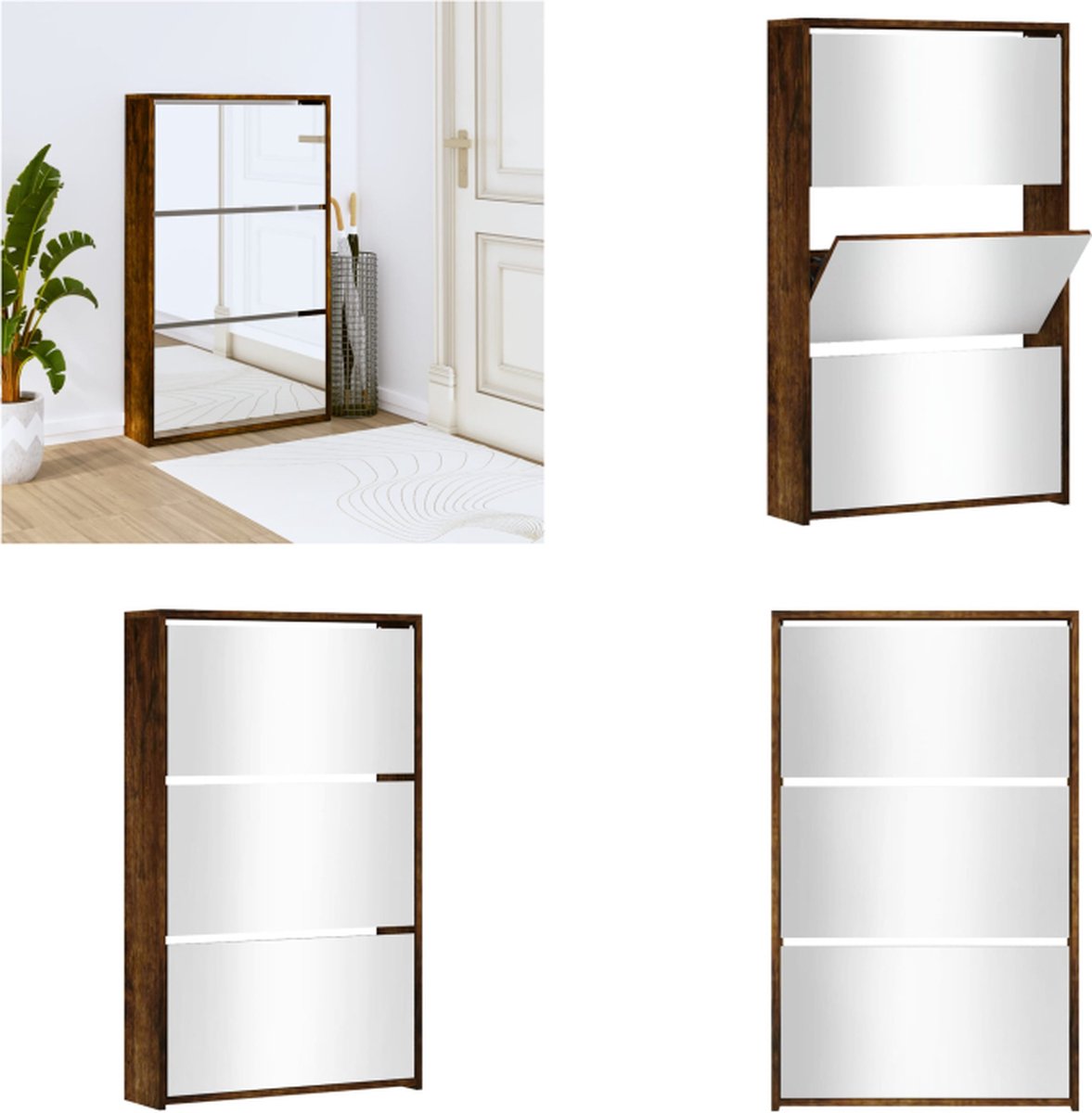 vidaXL Schoenenkast met spiegel 3-laags 63x17x102,5 cm gerookt eiken - Schoenenkast - Schoenenkasten - Berging Voor Schoenen - Schoenenrek (8721114792965)