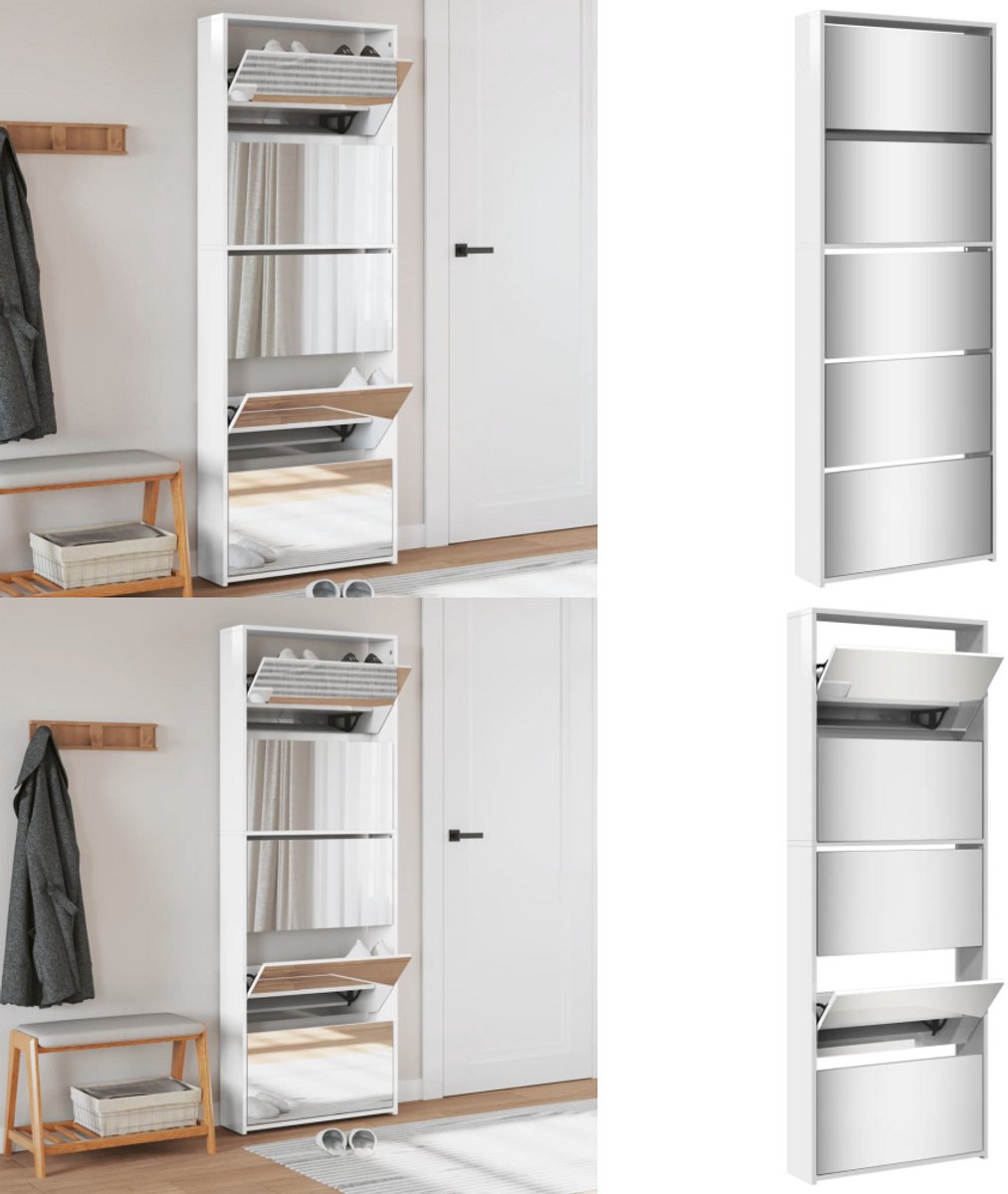 vidaXL Schoenenkast met spiegel 5-laags 63x17x169,5 cm hoogglans wit - Schoenenkast - Schoenenkasten - Berging Voor Schoenen - Schoenenrek (8218465097233)
