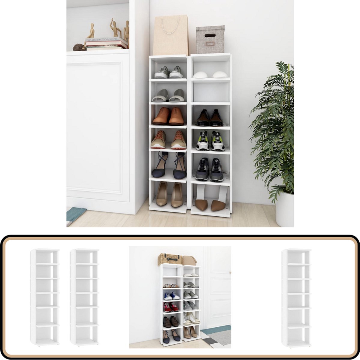vidaXL Schoenenkasten - 2 stuks - Wit - Bewerkt hout Schoenenkast - Schoenuitlegers - Bergruimte - Organisatie - Opslagruimte (8202522780695)