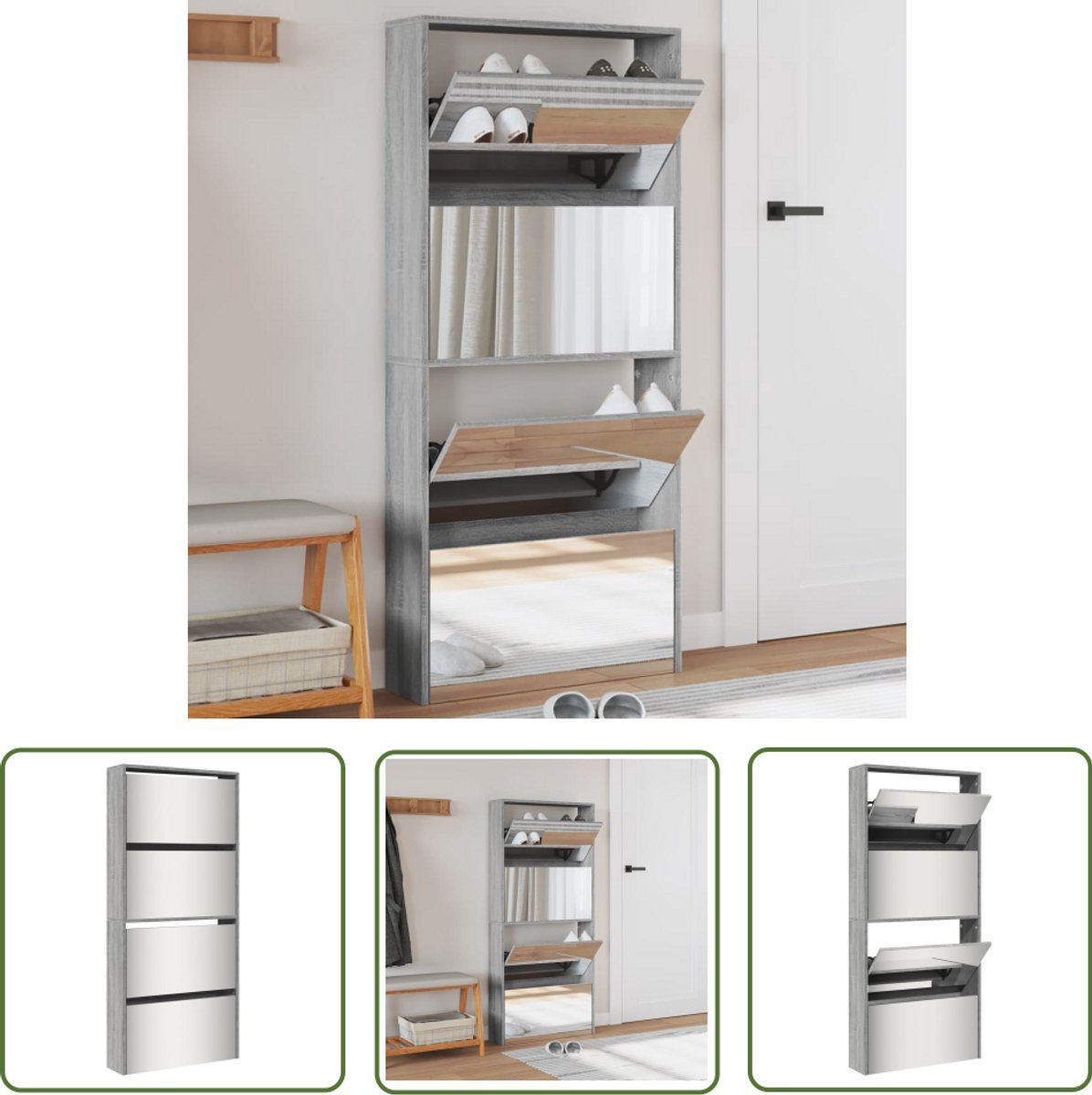 vidaXL Schoenenopbergers - Schoenenkast - Schoenenkast met spiegel 4-laags 63x17x134 cm grijs sonoma - Entreemeubilair - Hallenkasten - Kledingkasten (8721194560126)