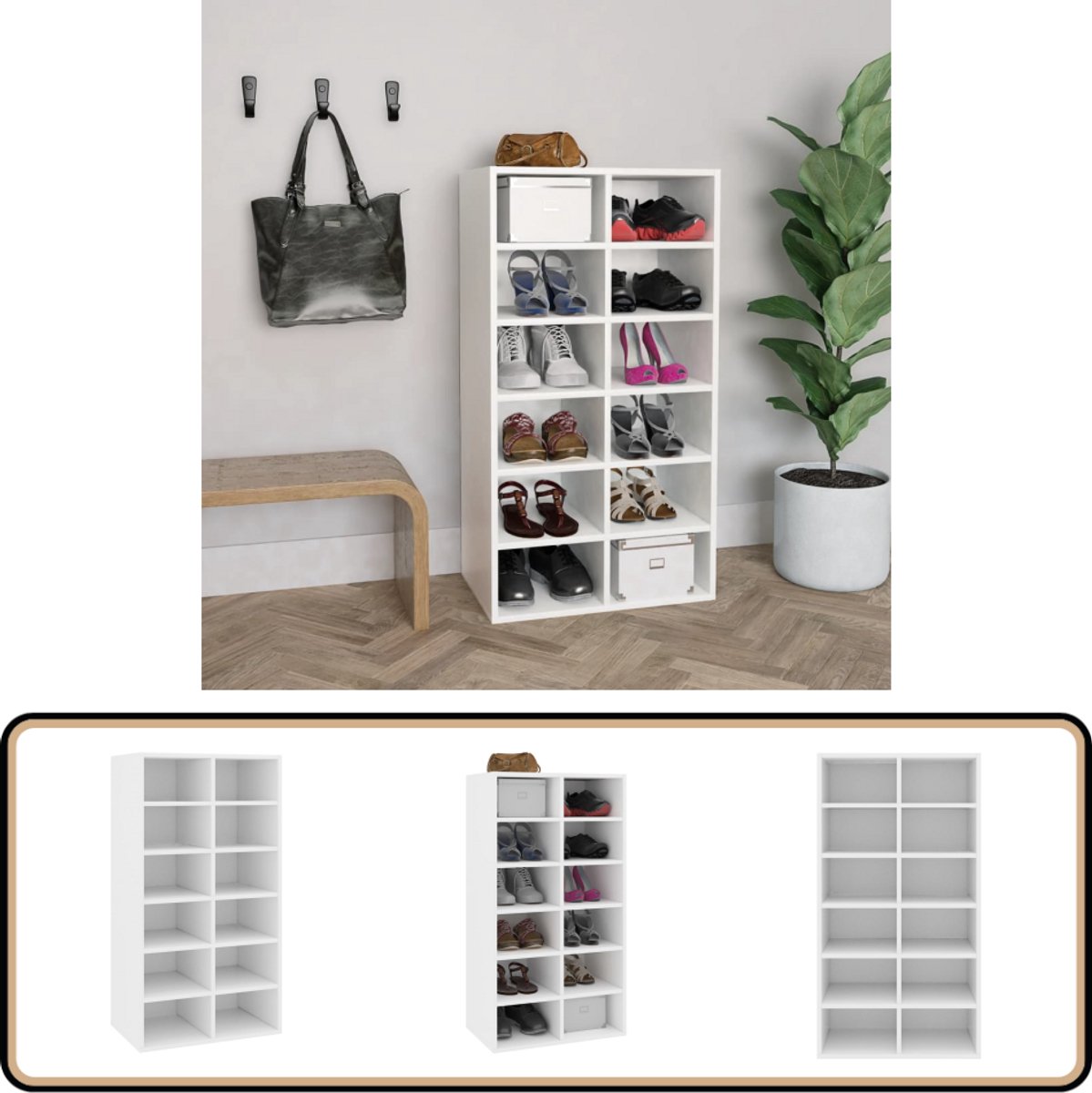 vidaXL Schoenenrek 54x34x100,5 cm wit hout Schoenenrek - Schoenuitlegger - Houten Schoenenrek - Wit Schoenenrek - Wandmontage Schoenenrek (8287568887126)