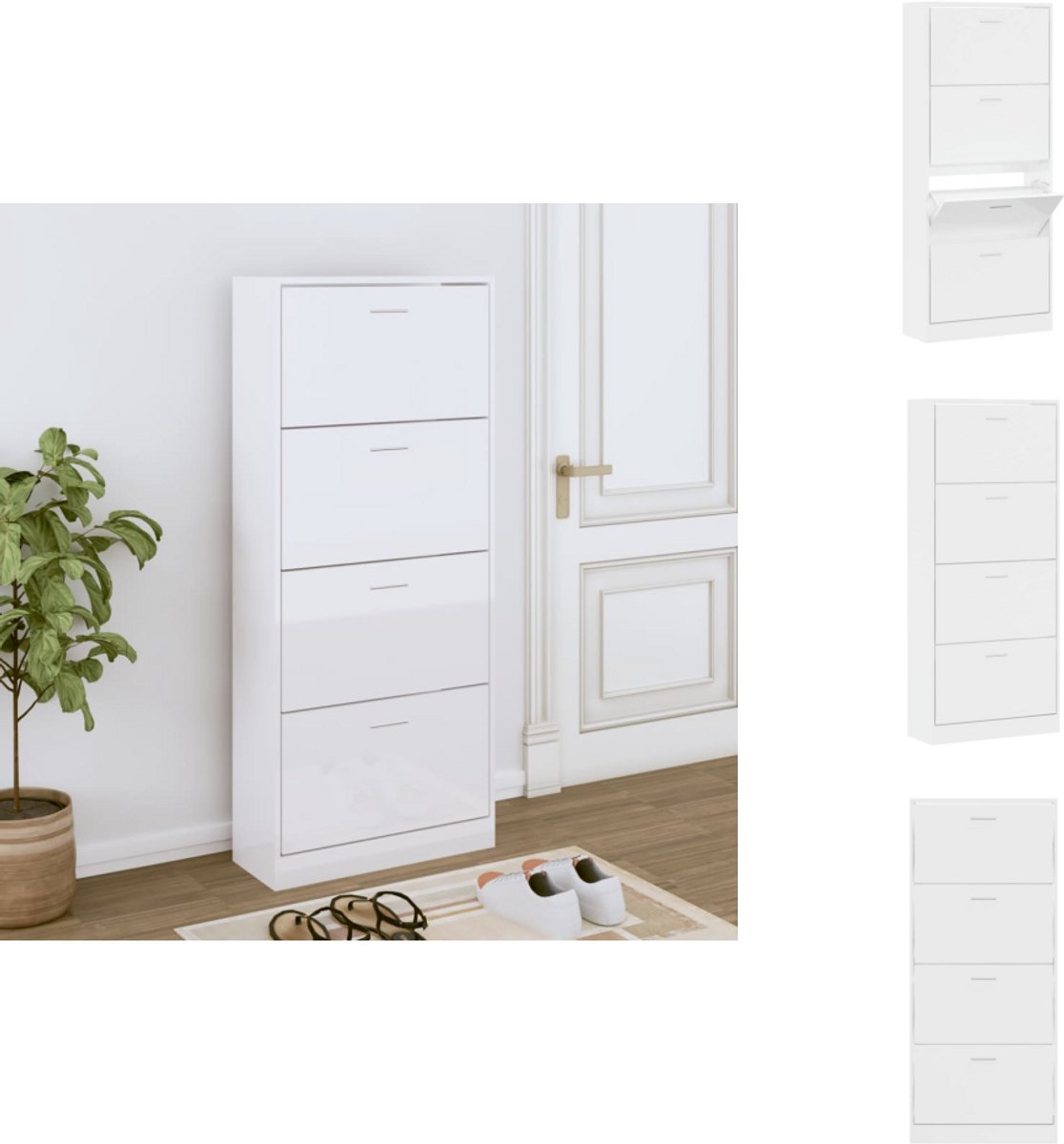 vidaXL Schoenenrek - Schoenenrekken - Opbergrek Voor Schoenen - Schoenenstellage - Schoenenkast 63x24x147 cm bewerkt hout hoogglans wit (8721096784170)