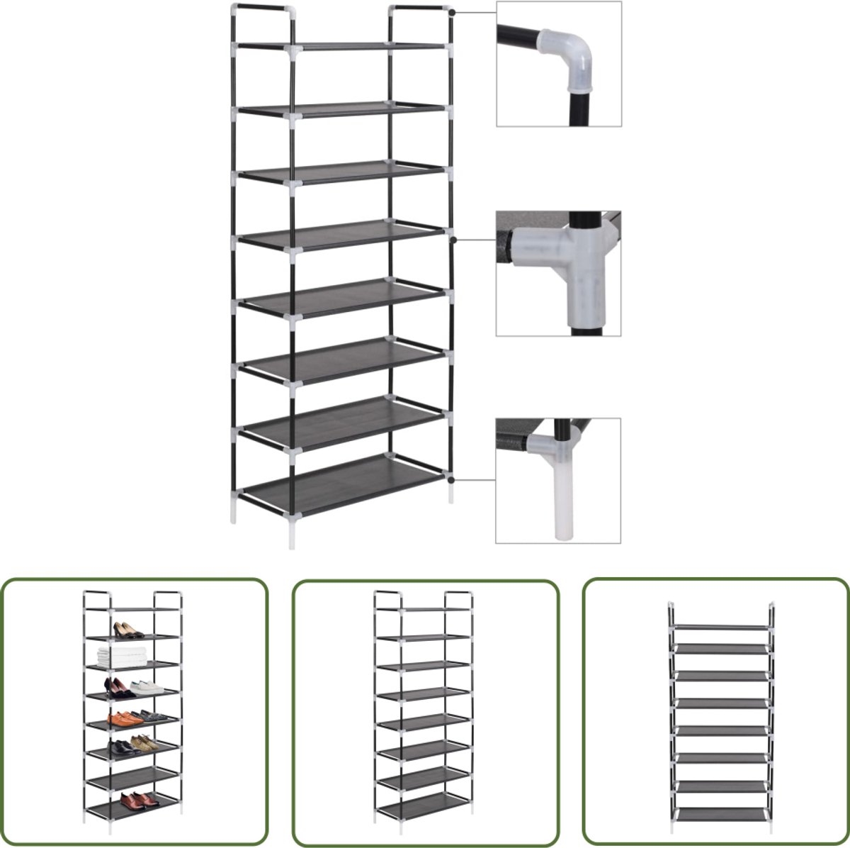 vidaXL Schoenenrek met 8 schappen - Zwart Schoenenrek - Schoenuitlegger - Schoenenopslag - Entree Organisatie - Kledingberging (8103329194763)