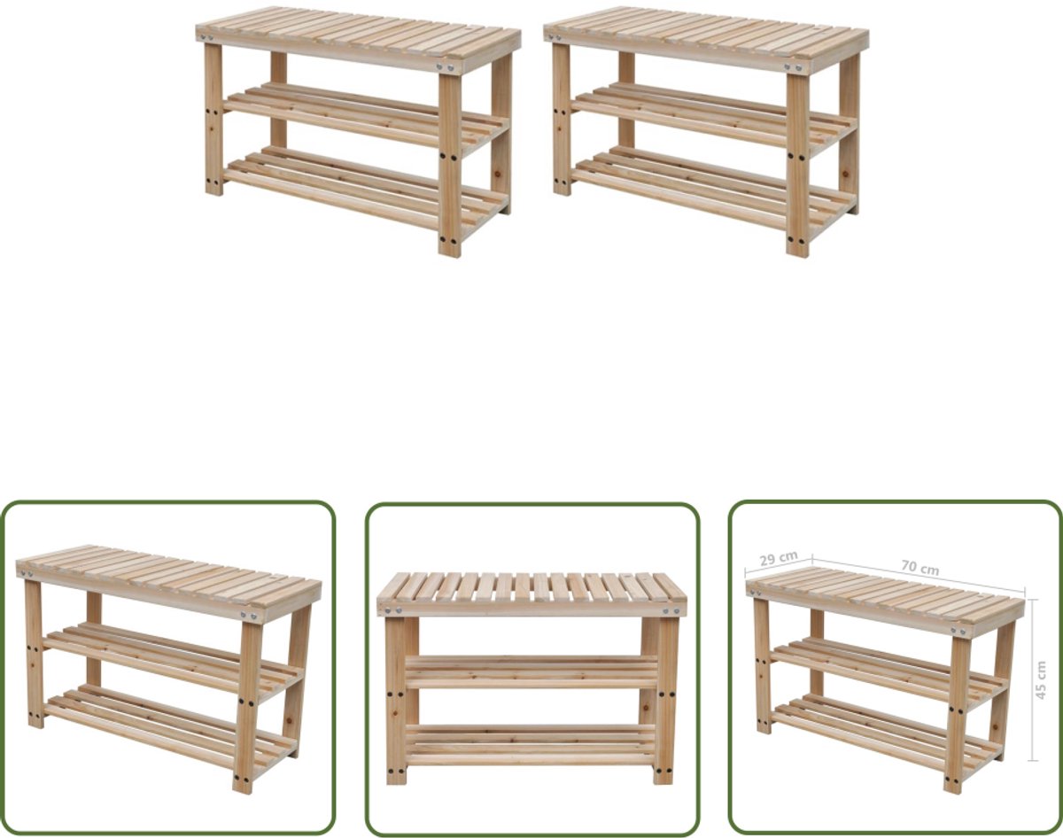 vidaXL Schoenenrek met Bank - Massief Hout - 2 Stuks Houten Schoenenrek - Schoenuitlegger - Entree Meubilair - Kast Voor Schoenen - Schoenenbank (8204630065534)