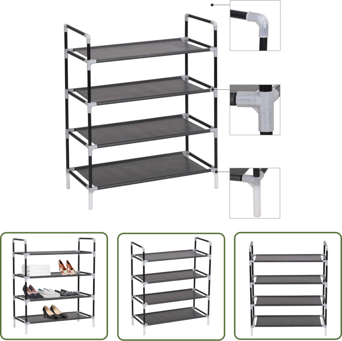 vidaXL Schoenuitlegger - Schoenenrek - Schoenenrek met 4 schappen metaal en ongeweven stof zwart - Schoenen Organisatie - Bergruimte - Entree Meubilair (8721031229322)