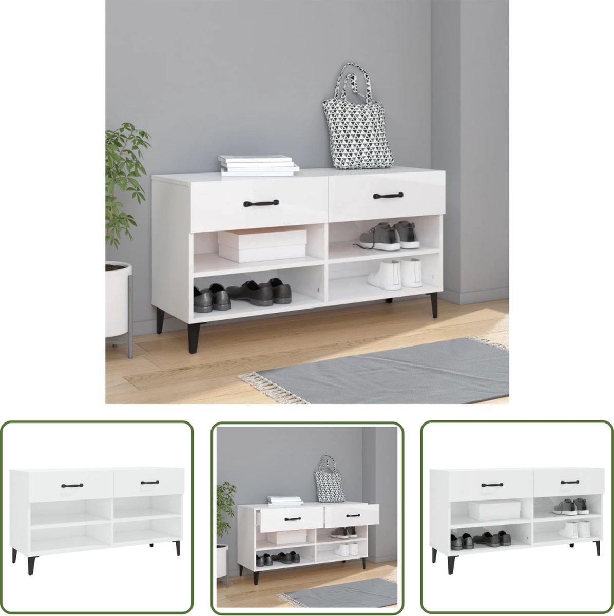 vidaXL Wit - Schoenenkast - Schoenenkast 102x35x55 cm bewerkt hout hoogglans wit - Houten Schoenenkast - Opslag Schoenen - Organisatie Schoenen (8721032009565)