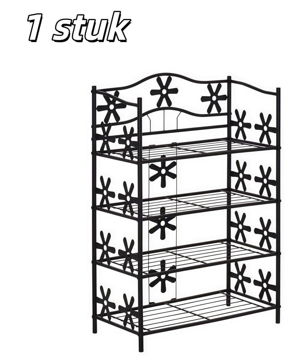 1 stuk - Schoenenrek - Klein schoenenrek - Ruimtebesparende bloemenstandaard - Plantenstandaard - Vrijstaande plank - 4 lagen - Metaal - 59.5 x 30 x 92 cm - Zwart (8026542494116)