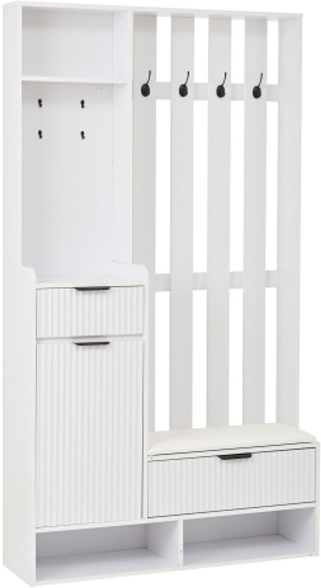 100x30x180 cm kapstok 6-in-1 met 8 haken schoenenbank en planken kantelbeveiliging compact garderobe met lades en kasten 100 cm breed schoenenkast wit (4255890916122)