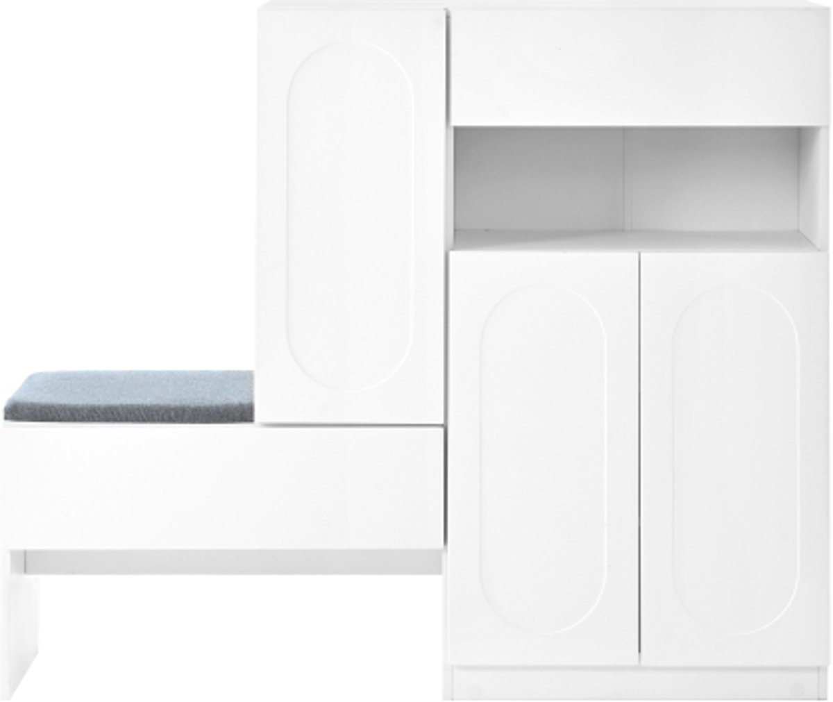 2-in-1 schoenenkast met bank- scharnierdeur met softclose-functie, in hoogte verstelbare vakken en gestoffeerde bank, wit, 130×35×110cm (4255839468071)
