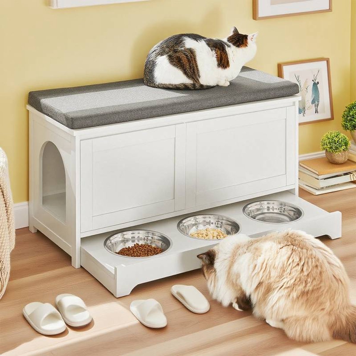 3-in-1 Schoenenbank met Kattenhuis en Komhouder - MDF & Metaal - Inclusief Kussen - 90x36x44 cm - Wit (5487571961063)