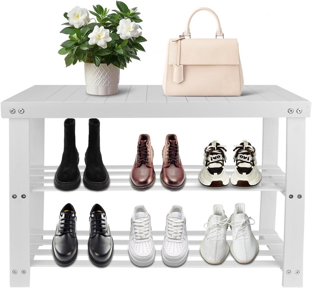 3-in-1 schoenenkast met zitbank van hard acaciahout - 2 planken - wit - 70 cm (9101032203559)
