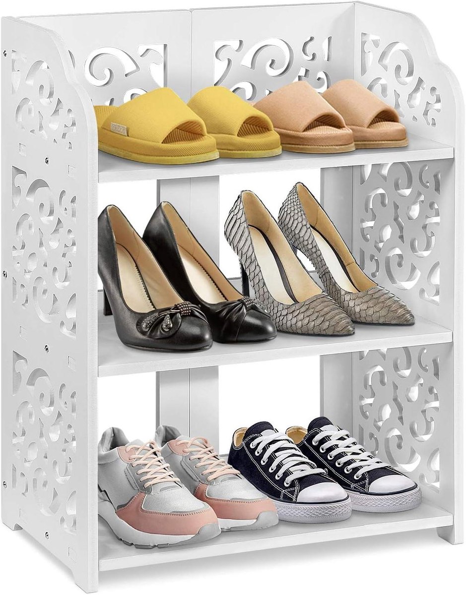 3-laags Schoenenrek PVC Schoenenkast Opslagkast voor Schoenen Modern Witrek met Holle Snedes - Hal Schoenopberger (6154529570583)