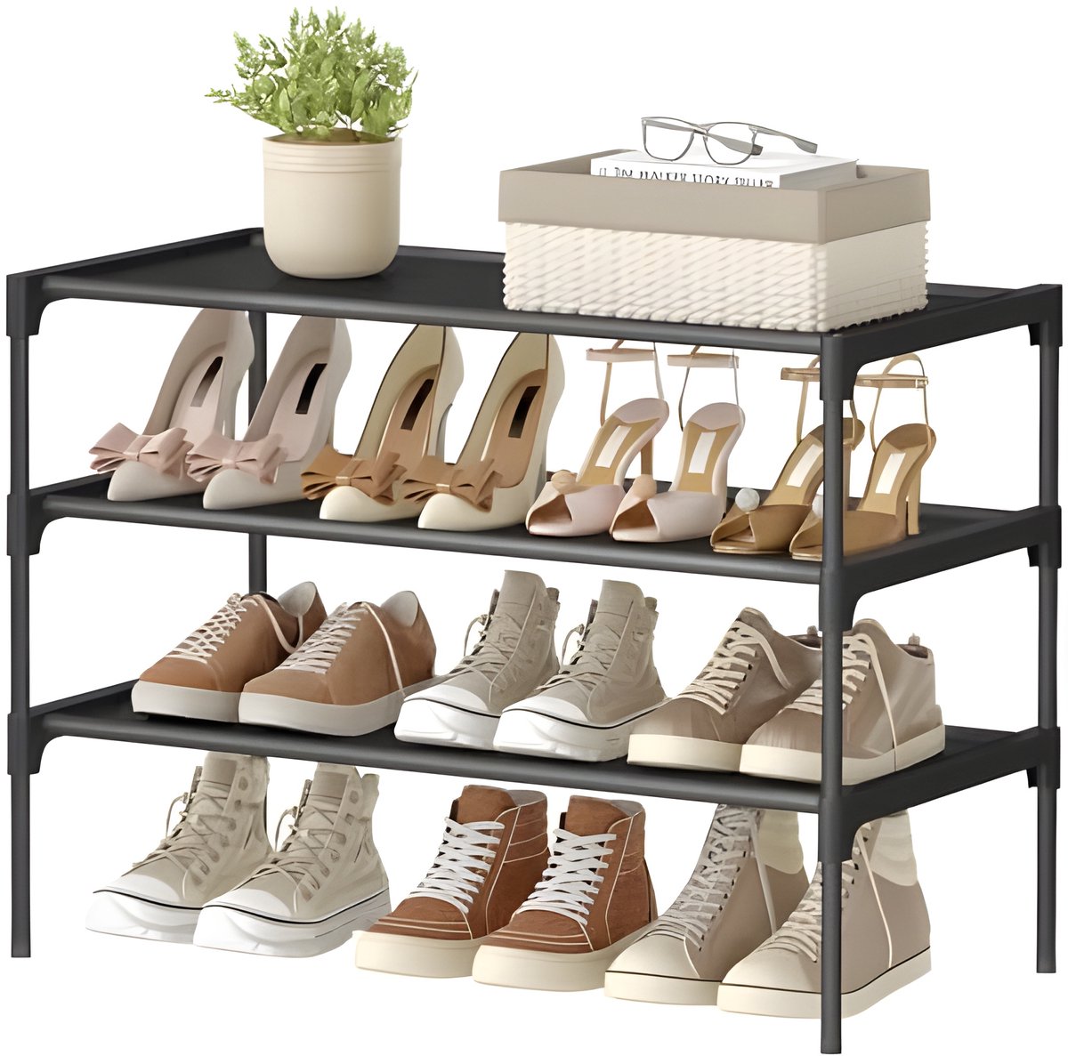 3-laags schoenenrek met grote opbergcapaciteit, stapelbaar ontwerp, ruimtebesparend metalen frame voor entree, gang of kast, eenvoudige montage zonder gereedschap (8785341872159)