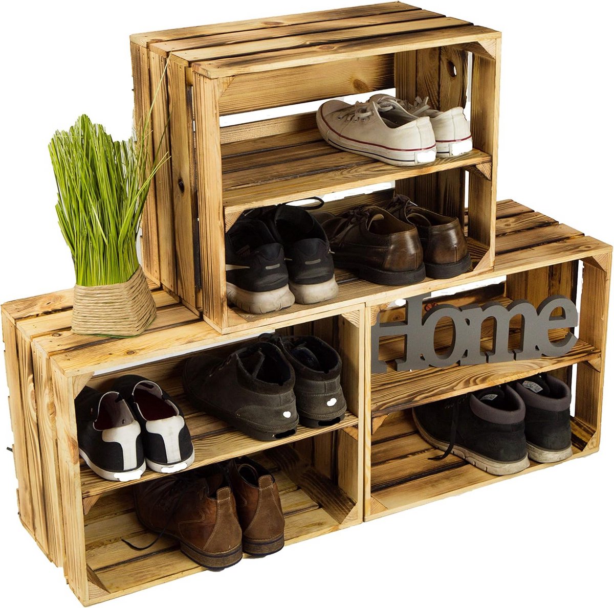 3x Houten Schoenenkast Set - Gevlamde Fruitkisten voor Schoenenopslag (9101054036814)