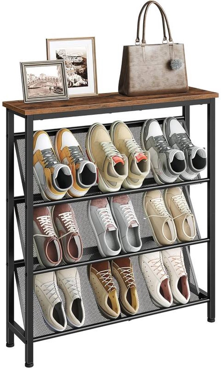 4-Laags Schoenorganizer - Slank Schoenrek met Metalen Planken en Gouden Connectors - Ruimtebesparend voor Kast, Gang of Entree - Bruin/Zwart (5487571961032)