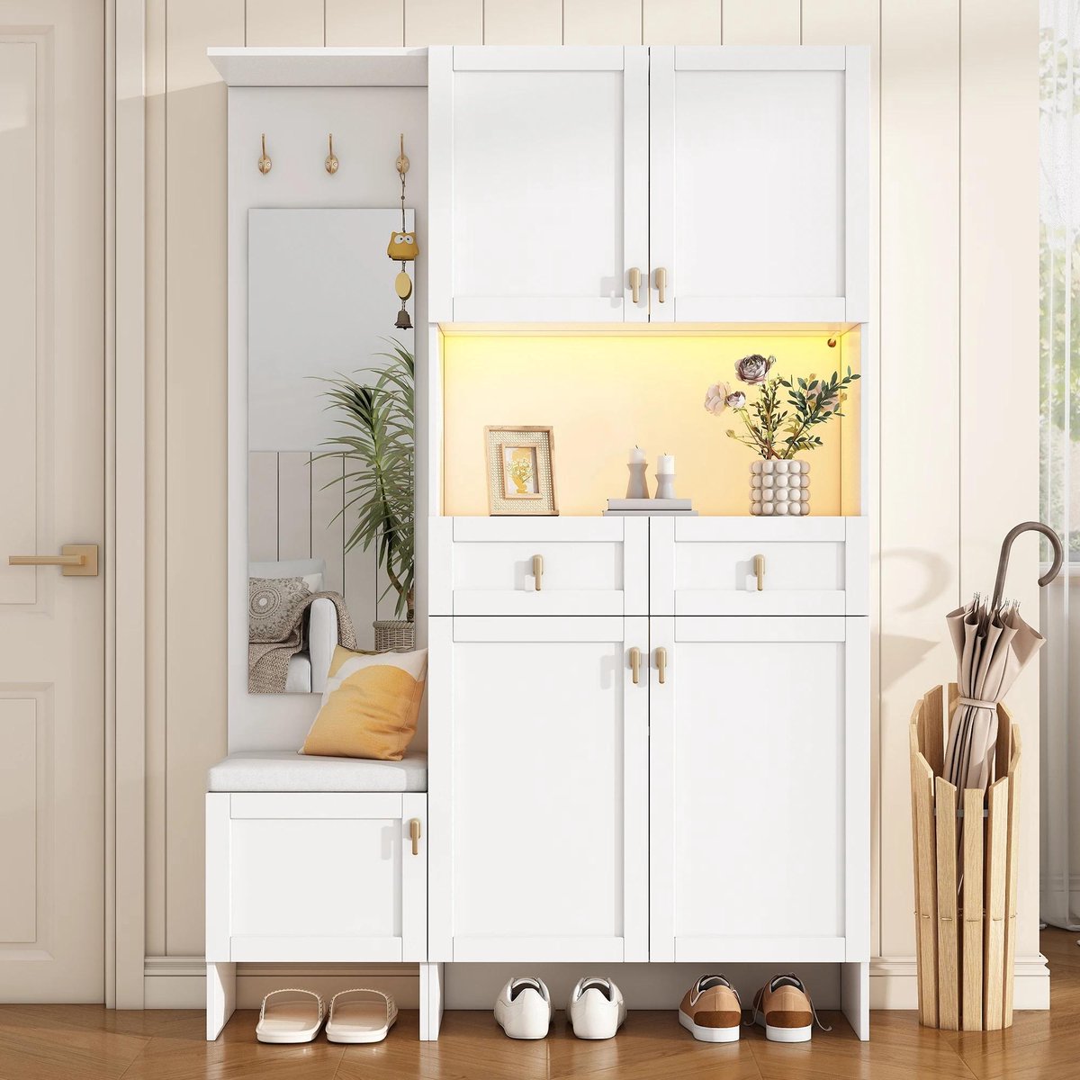 Allecto - Garderobeset - Schoenenbank - 3 haken - Wit - 5 deuren - 2 laden - Spiegel - 120x180x33,5 cm - Praktisch halmeubilair - AliExpress 1503 - Schoenenkast - Geschikt voor hal - Moderne uitstraling (8739000007598)