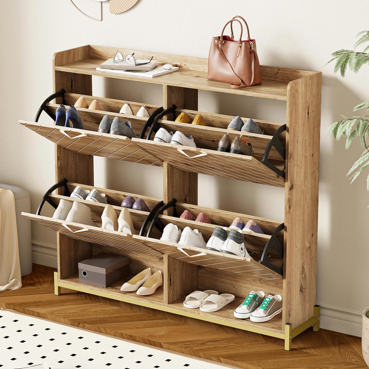 Allecto - Houten schoenenkast - 4-deurs - Grote opbergruimte - Metalen standaard - Modern - Houtkleur - Schoenen - Opslag - Staand model 108,5×24×100 cm schoenenkast met houten afwerking en metalen details (8739000004894)