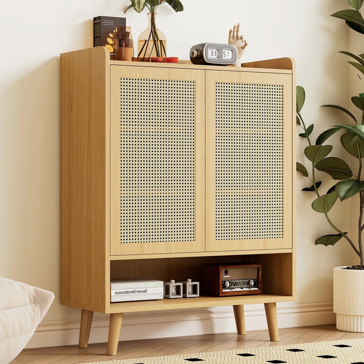 Allecto - Moderne design rotan schoenenkast - 2 deuren - 1 lade - 5 planken - Opbergmeubel voor schoenen - Grijs - Ruimtebesparend - Geschikt voor hal of slaapkamer - Stijlvolle opbergoplossing met natuurlijke uitstraling. (8739000052284)