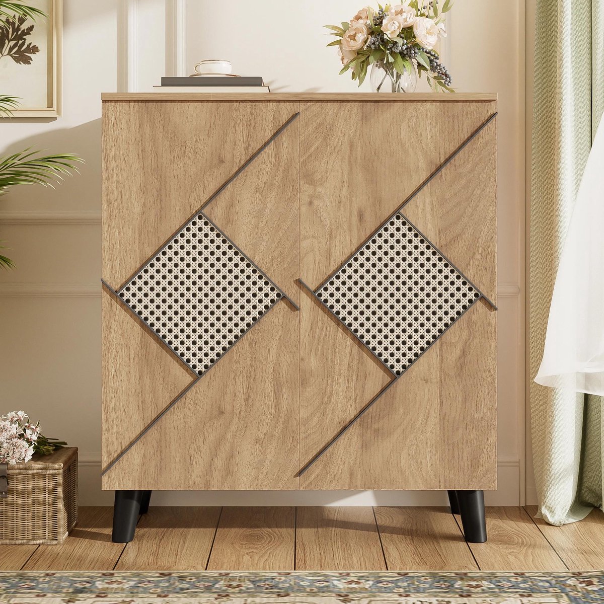 Allecto - Moderne schoenenkast - Decoratief rotanpatroon - Stijlvolle opbergkast - Hal - Gesloten deuren - Plankoppervlak - 80×32×91 - AliExpress 1503 (8739000007420)