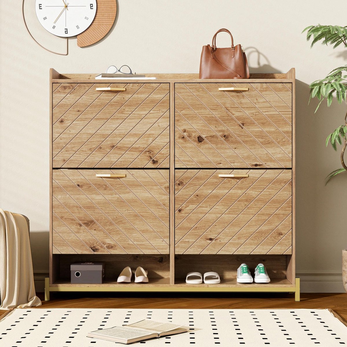 Allecto - Moderne schoenenkast met houtnerf afwerking - 4-deurs schoenenopslag - Ruimtebesparende schoenenkast voor hal, gang of corridor - Opbergen - Kleding - Geschikt voor 30 paar schoenen - Wit model. (8739000007451)