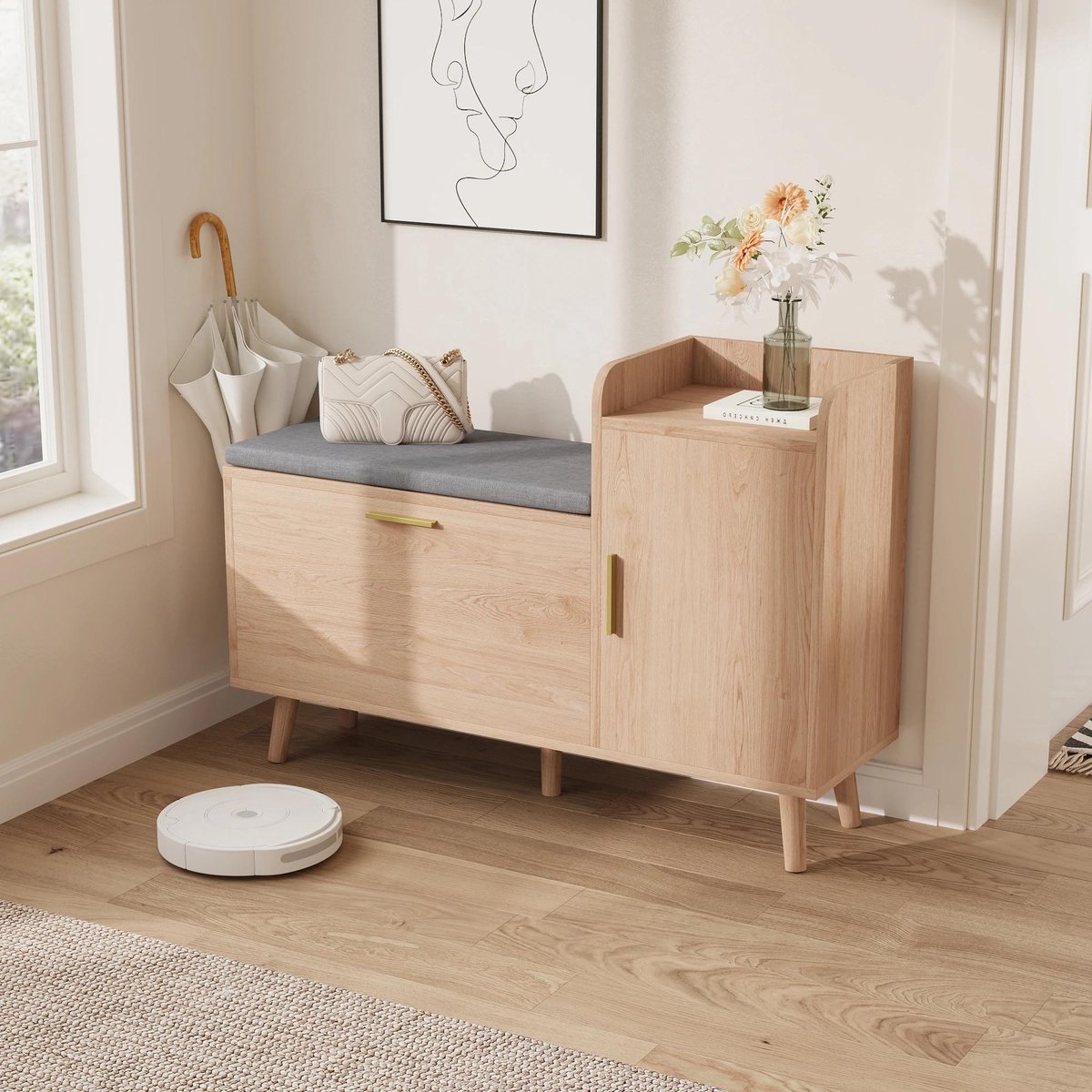 Allecto - Opbergkast voor Schoenen - Ruimtebesparend - Hout - Bank - Schoenenkast met Lades - Wit met Eikenhouten Accenten. (8739000006881)