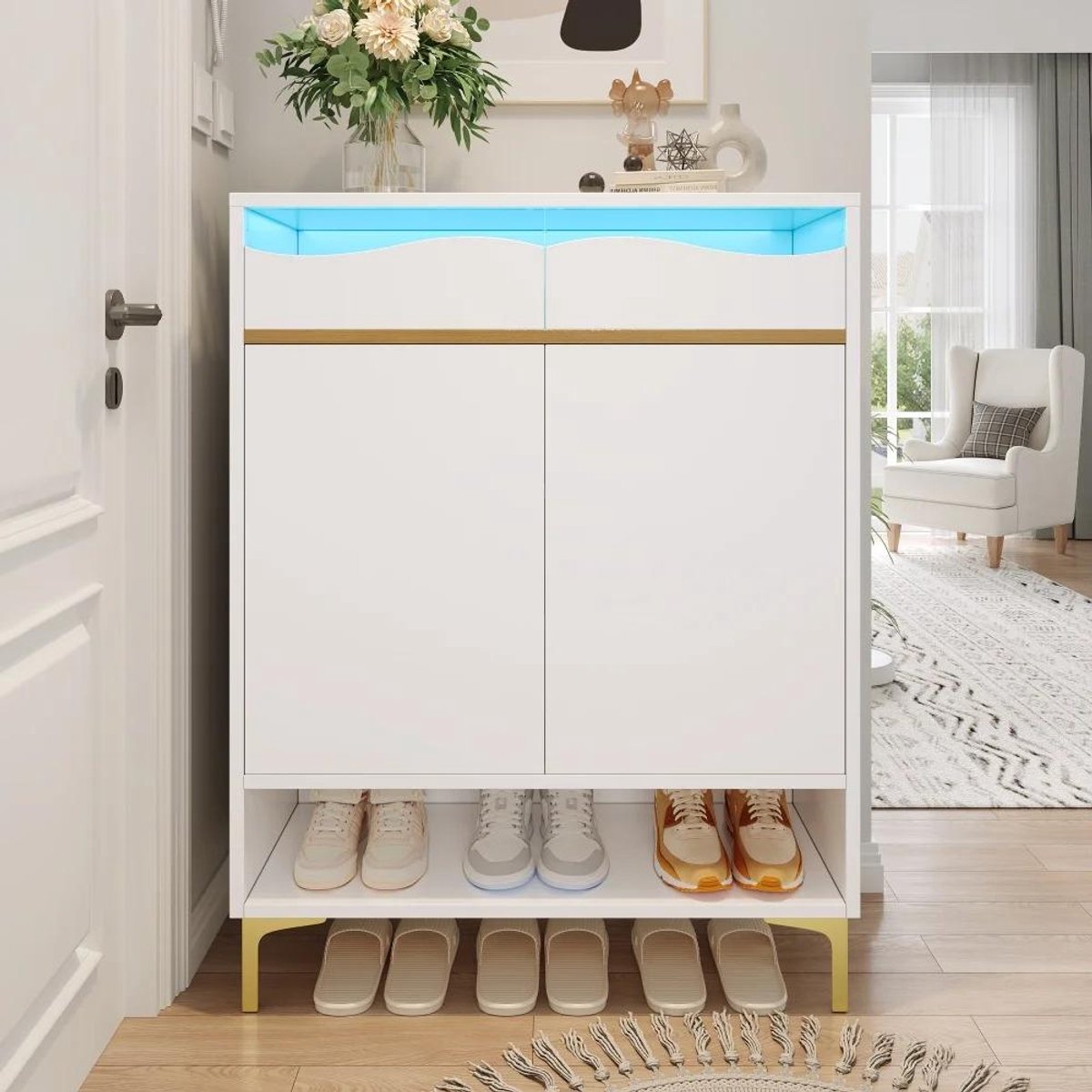 Allecto - Schoenenkast - LED verlichting - Wit - Opbergruimte - Schoenen - Hoge kwaliteit - Goudkleurige pootjes - Hal en woonkamer - Witte uitvoering 80x35x105cm met open plank en deur (8739000053366)