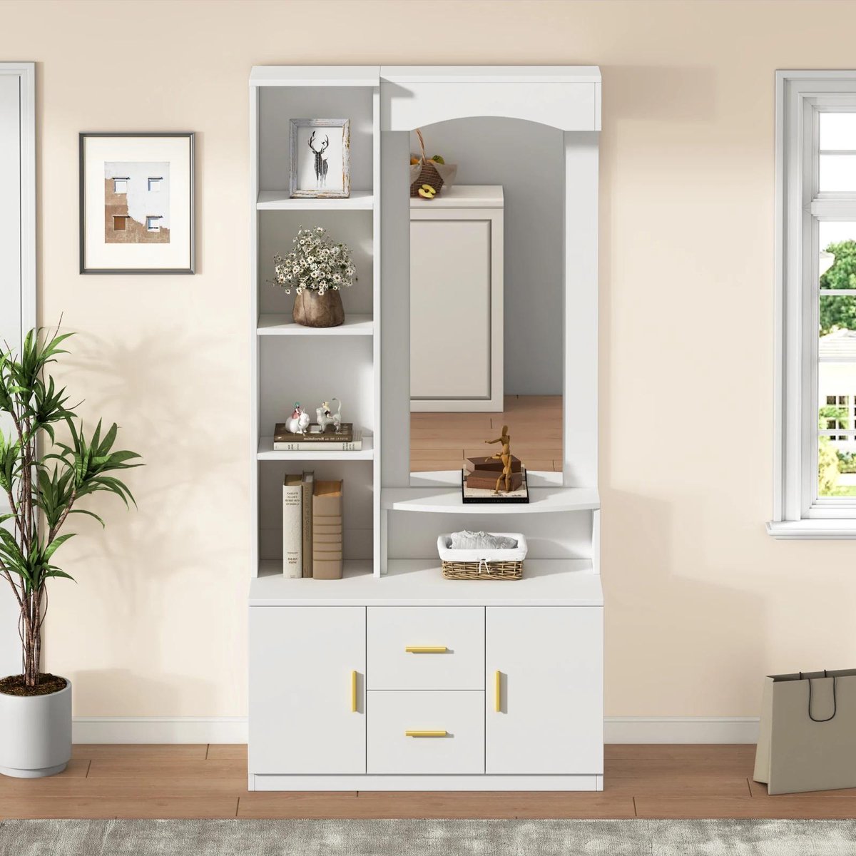 Allecto - Schoenenkast - Multifunctioneel - Opbergruimte - Spiegelkast - Hal - Witte kast - Geschikt voor schoenen en accessoires - Moderne look - 90 x 40 cm - 1503 (8739000080881)