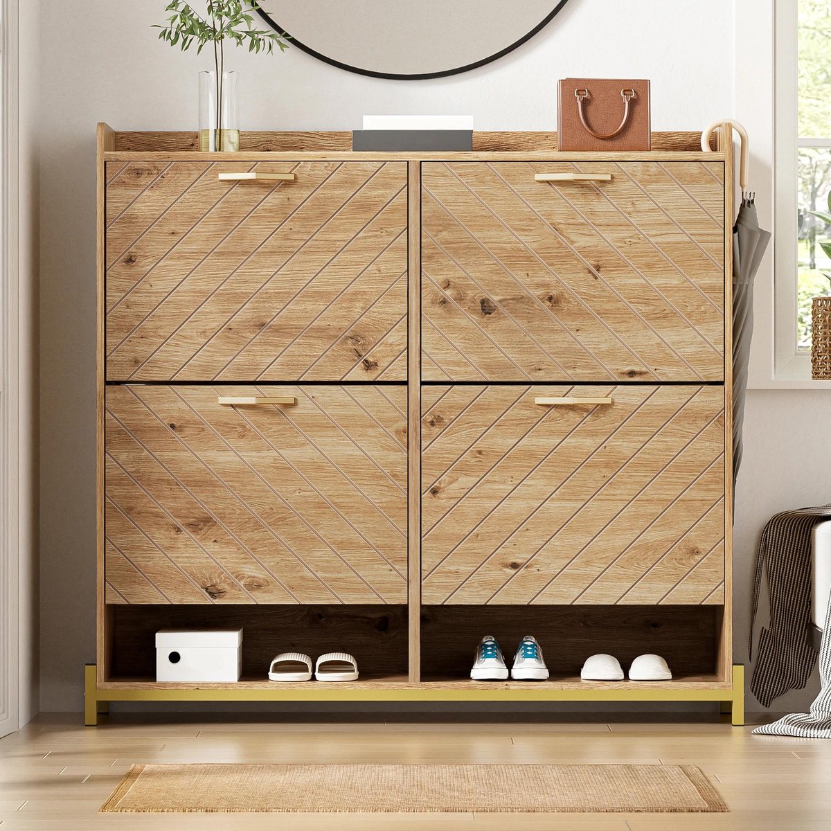 Allecto - Schoenenkast - Opbergruimte - 4-deurs - Houtkleur - Modern - Schoenen - Geschikt voor meerdere maten - Alajqaqia - Houten schoenenkast - Grote opbergruimte met metalen standaard - 108,5×24×100 cm (8739000002326)