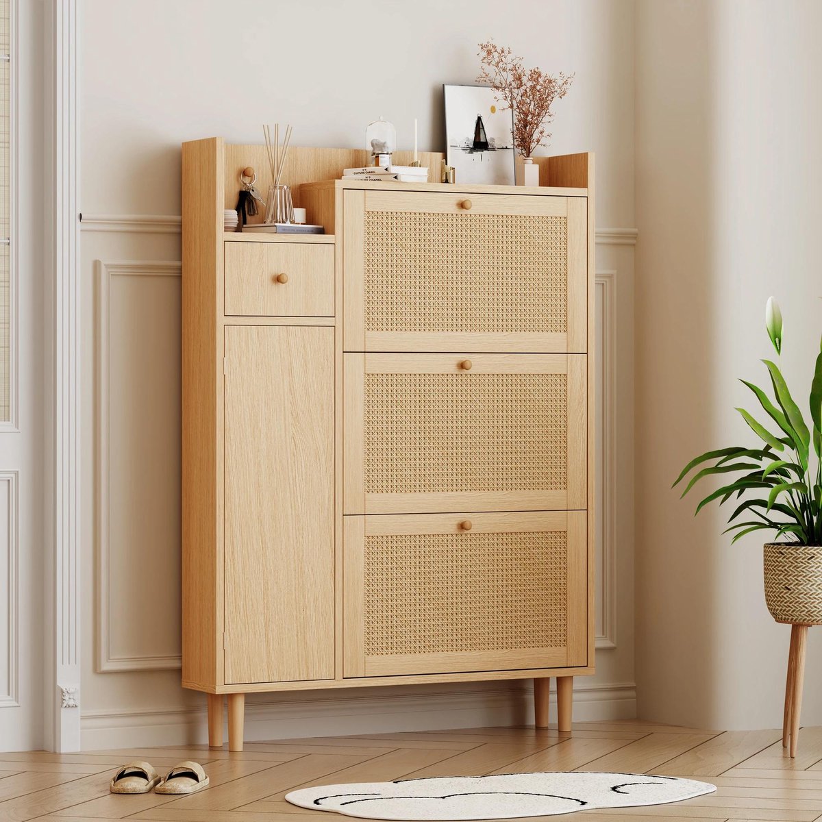 Allecto - Schoenenkast - Vouwdeuren - Lade - Rotan - Naturel - Opbergmeubel - Smalle kast - Geschikt voor hal - Naturel model - Smalle schoenenkast met vouwdeuren, lade en rotan, naturel - Halmeubel 1503 (8739000052482)