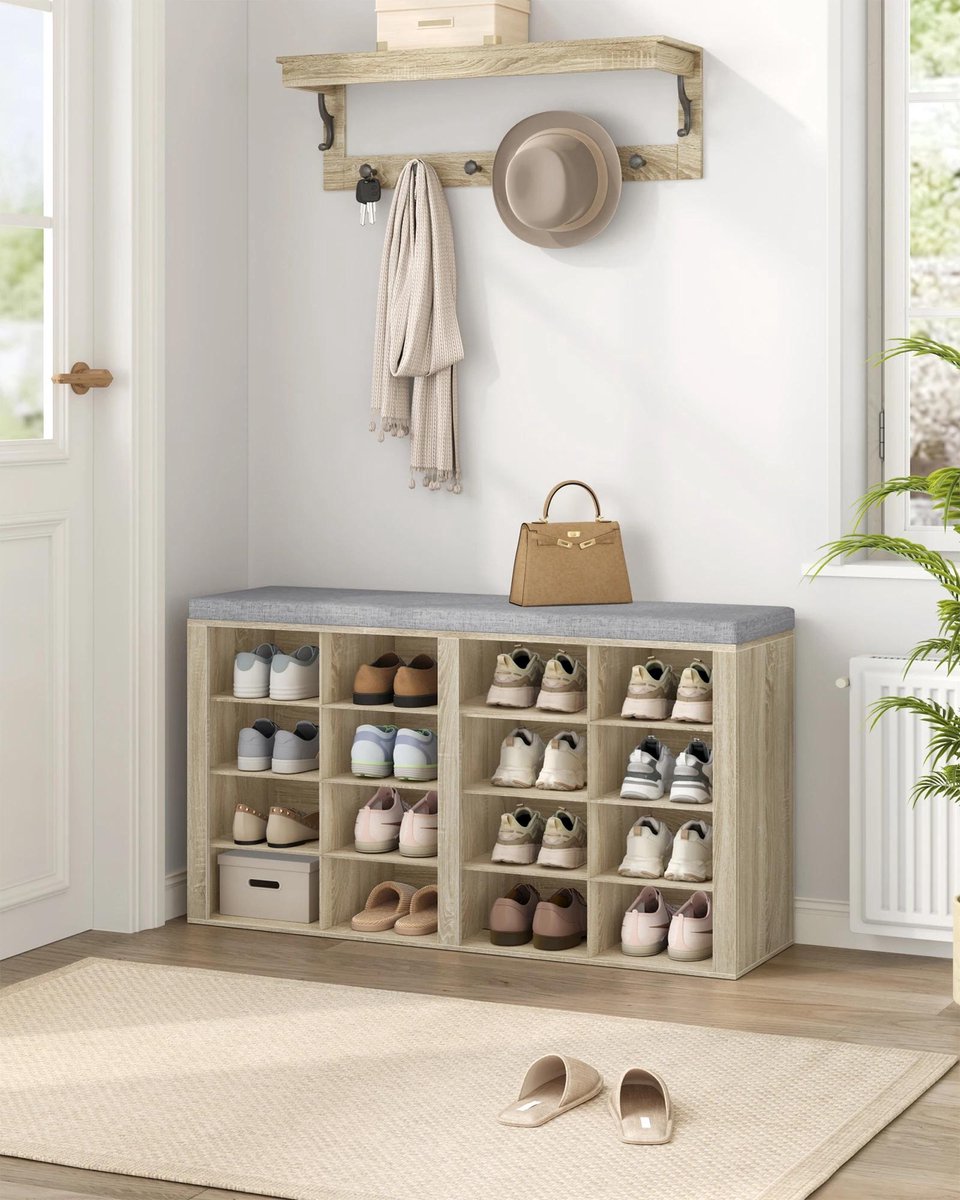 Allecto - Schoenenkast met bank - Entreebank - Verstelbare planken - Wit - Opbergmeubel - Woonkamer slaapkamer hal - Eiken - Geschikt voor schoenen - 1503 (8739000062733)