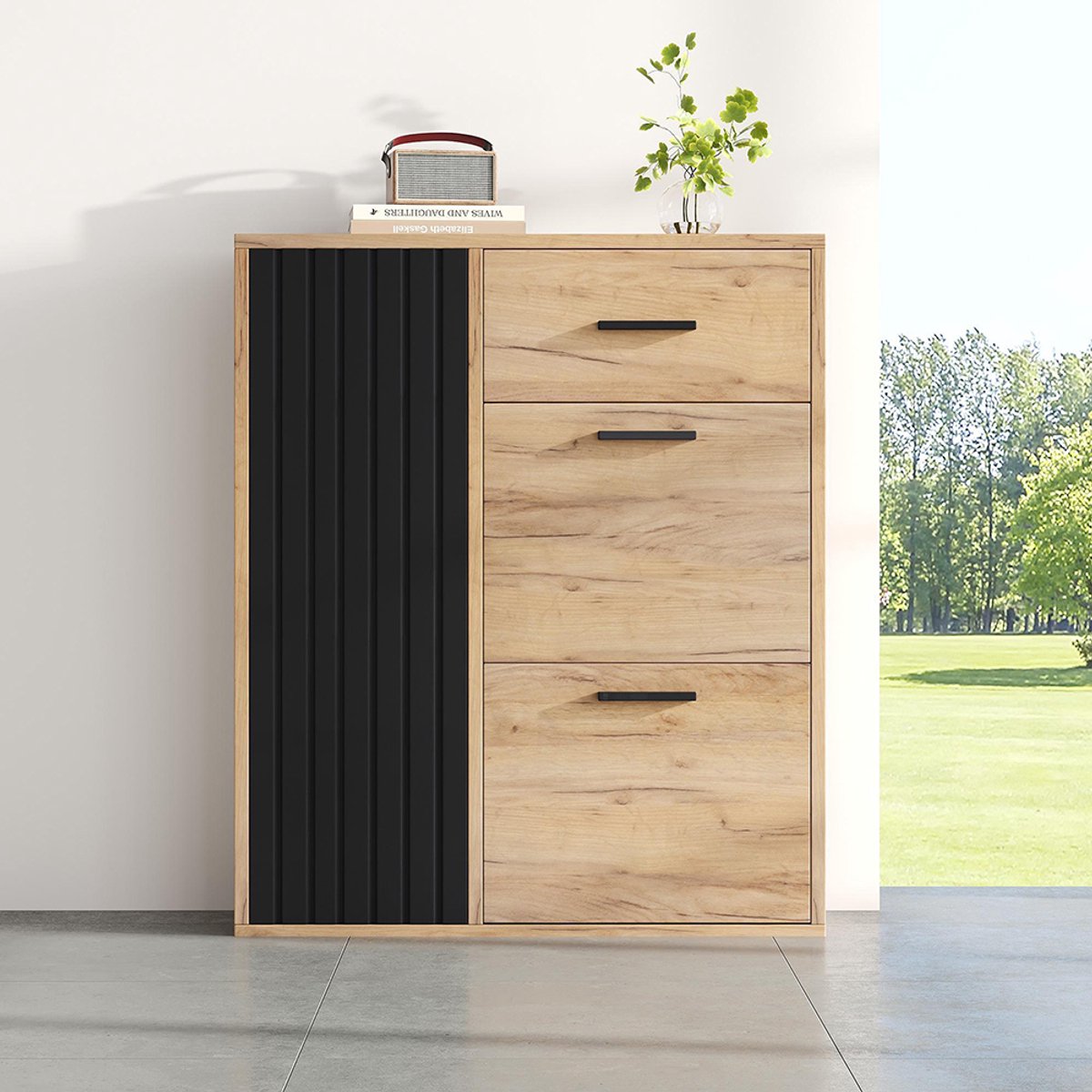 BLACKCOLORS - Moderne Schoenenkast 80 cm - Met Verstelbare Planken en Zwarte Handgrepen - 1 Lade, 2 Neerklapbare Schoenenvakken en 1 Deur - Zwart en Natuurtinten - L80xD24xH95.5 cm (7405214501573)