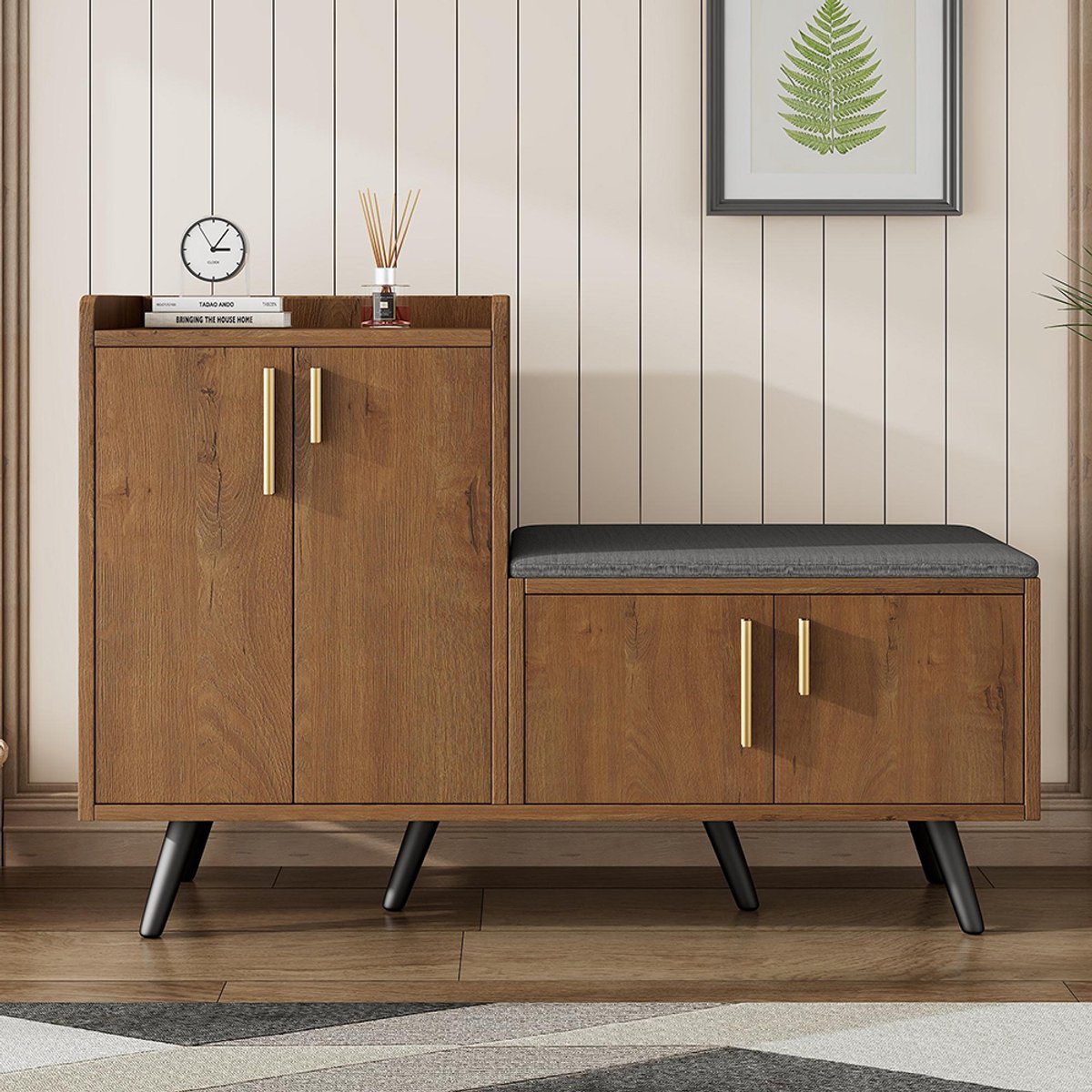 BLACKCOLORS Moderne schoenenkast met houtnerf, schoenenkast met vier opbergdeuren en asymmetrische metalen handgrepen L120/P34/H82 (6275481203910)