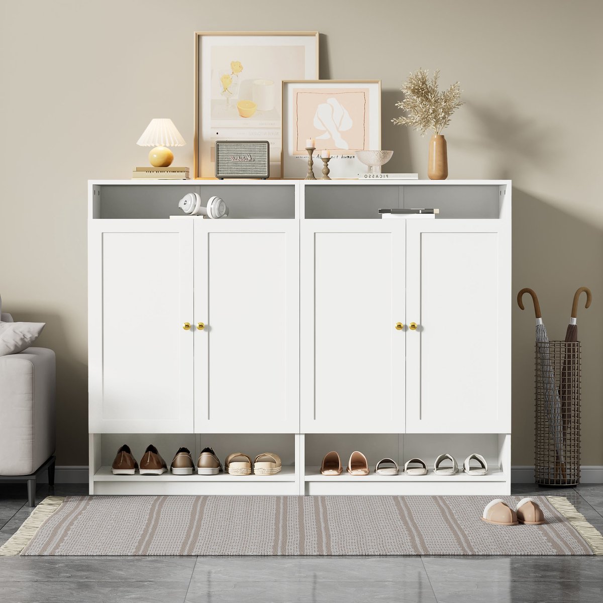 BLACKCOLORS Moderne schoenenkast, met verstelbare planken, gouden handgrepen, schoenenkast met 2 deuren, wit, B146/D34/H109 (6085287370378)