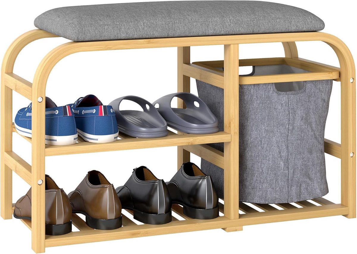 Bamboe Schoenenbank met Zitkussen en Opbergmand voor Hal of Slaapkamer (9101098544672)