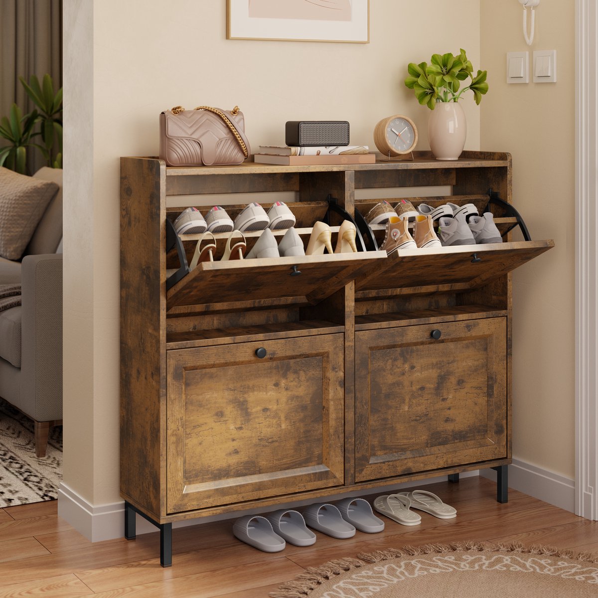 Bealife FS53 Schoenenrek met 4 klapdeuren - 99.3 x 24 x 91 cm - Retro (6973900316363)