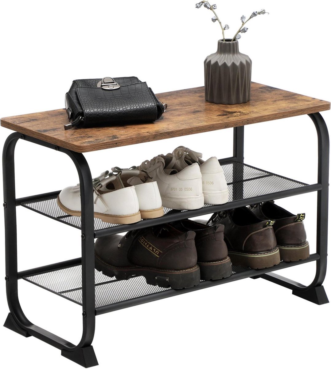 Bobbel Home - Industrieel Schoenenrek - 6 Paar Schoenen - Incl. 2 rasterplanken - Belastbaar tot 90 kg - Zwart/Bruin - Hout/Metaal - Vintage (8719325781298)