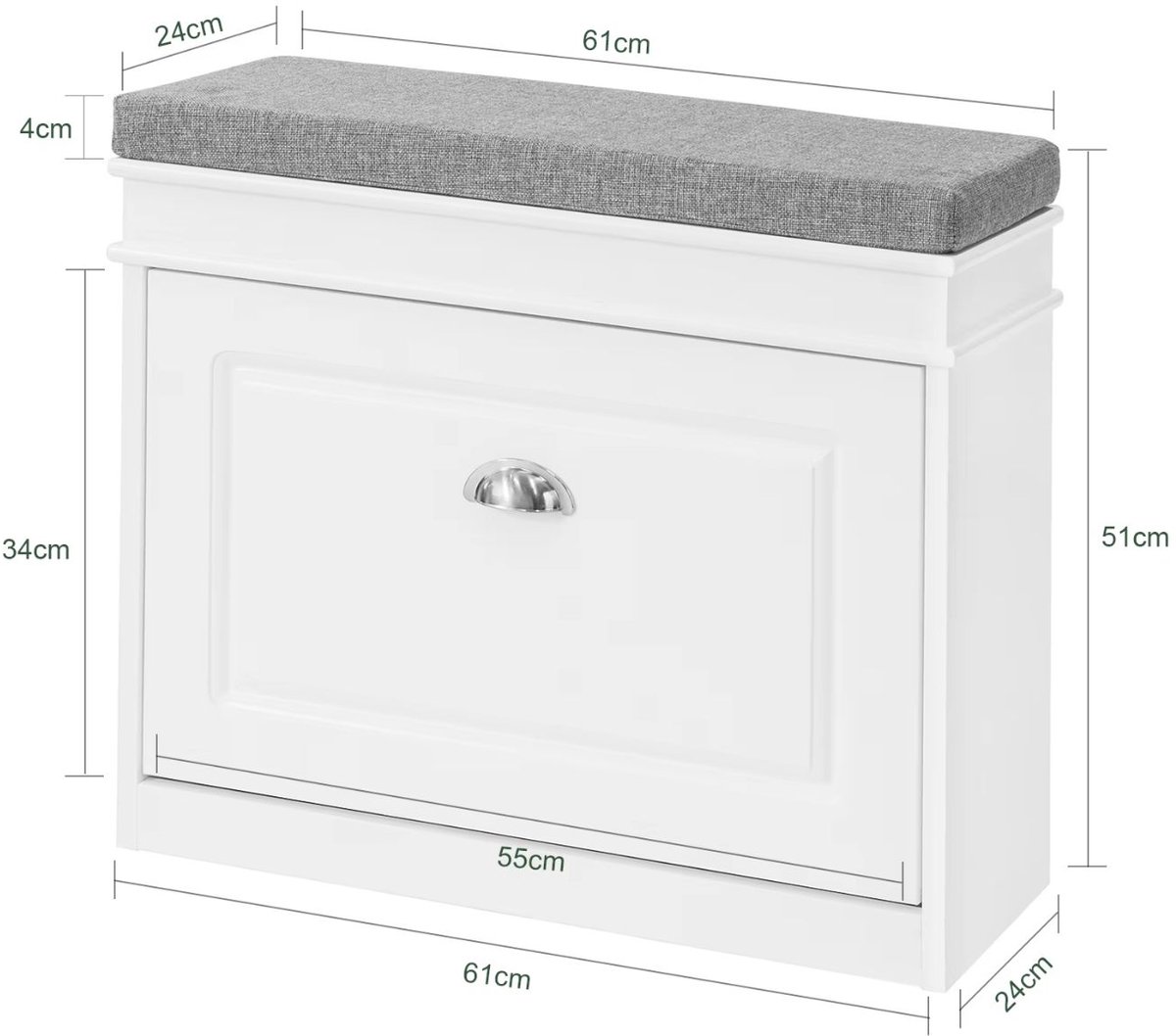 Bregico Schoenenkast - Schoenenrek - Schoenenbank Met Kussen - Halbank Met Opbergruimte - 60x51x24cm -Wit (8721516519054)