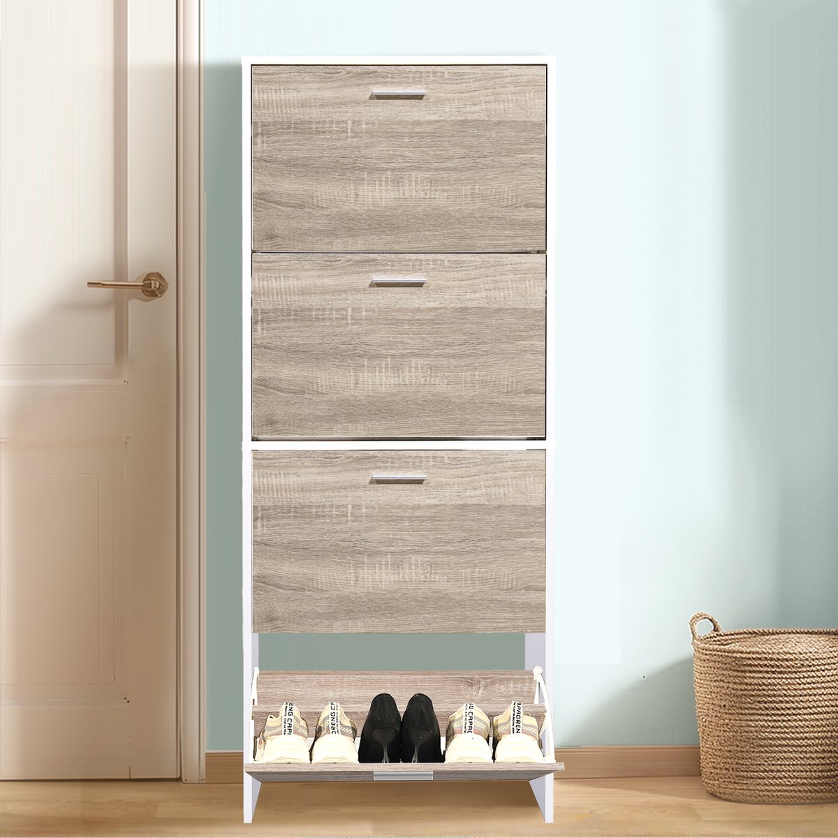 CASABEL Moderne schoenenkast met 4 neerklapbare deuren - 24 paar schoenen - Schoenenkast van composiethout - Afmetingen: B60 x D24 x H150 cm (4895267127890)