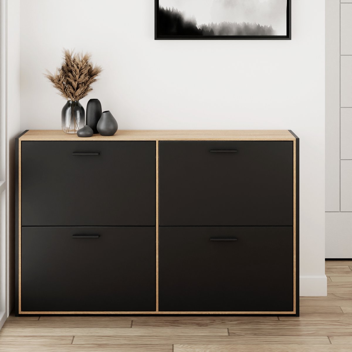 CASABEL Schoenenkast met 4 neerklapbare deuren - Design schoenenkast - Opbergmeubel voor de hal met ruimte voor 24 paar schoenen - Houten frame - Witte neerklapbare deuren (4895267127937)