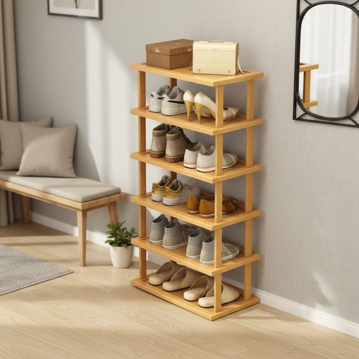 CHIWIN Schoenenrek Bamboe 6 Niveaus Schoenenkasten - Smal Schoenenrek Staand - Open Schoenenkast Voor Hal Of Entree - Ruimtebesparend Opbergrek 47x23x96 cm (0699346580965)