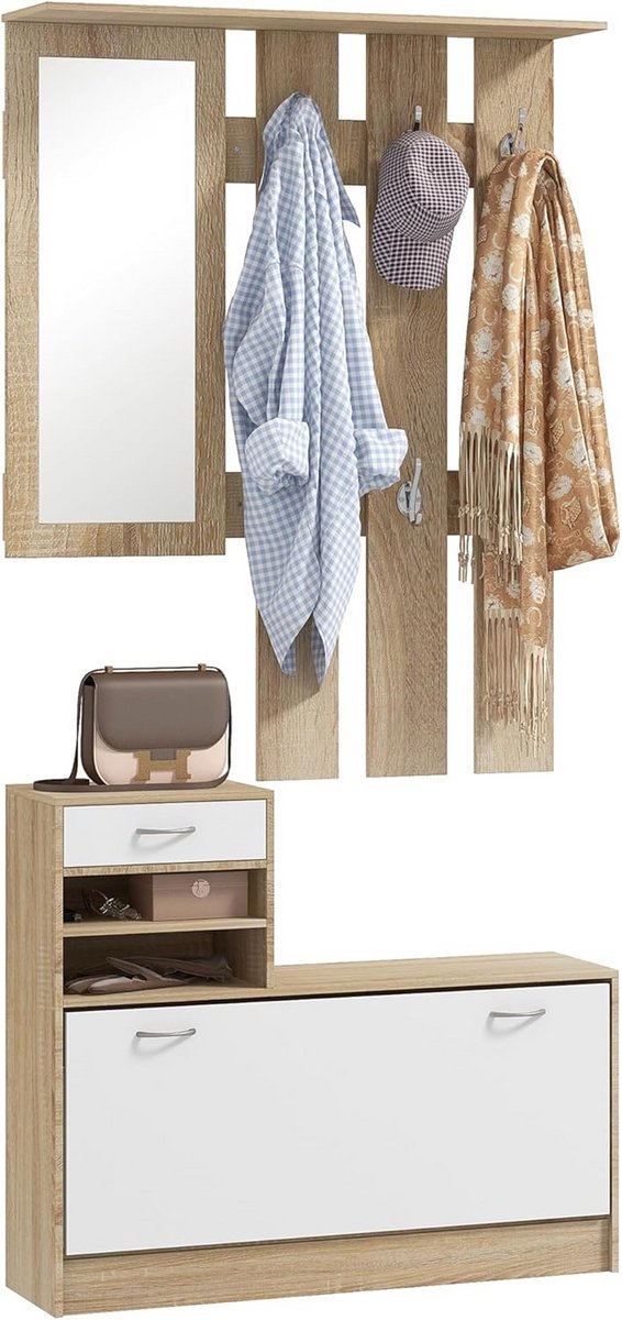 Complete Garderobeset met Kapstok, Spiegel en Schoenenbank - Natuurlijk Houtlook (9101051892796)