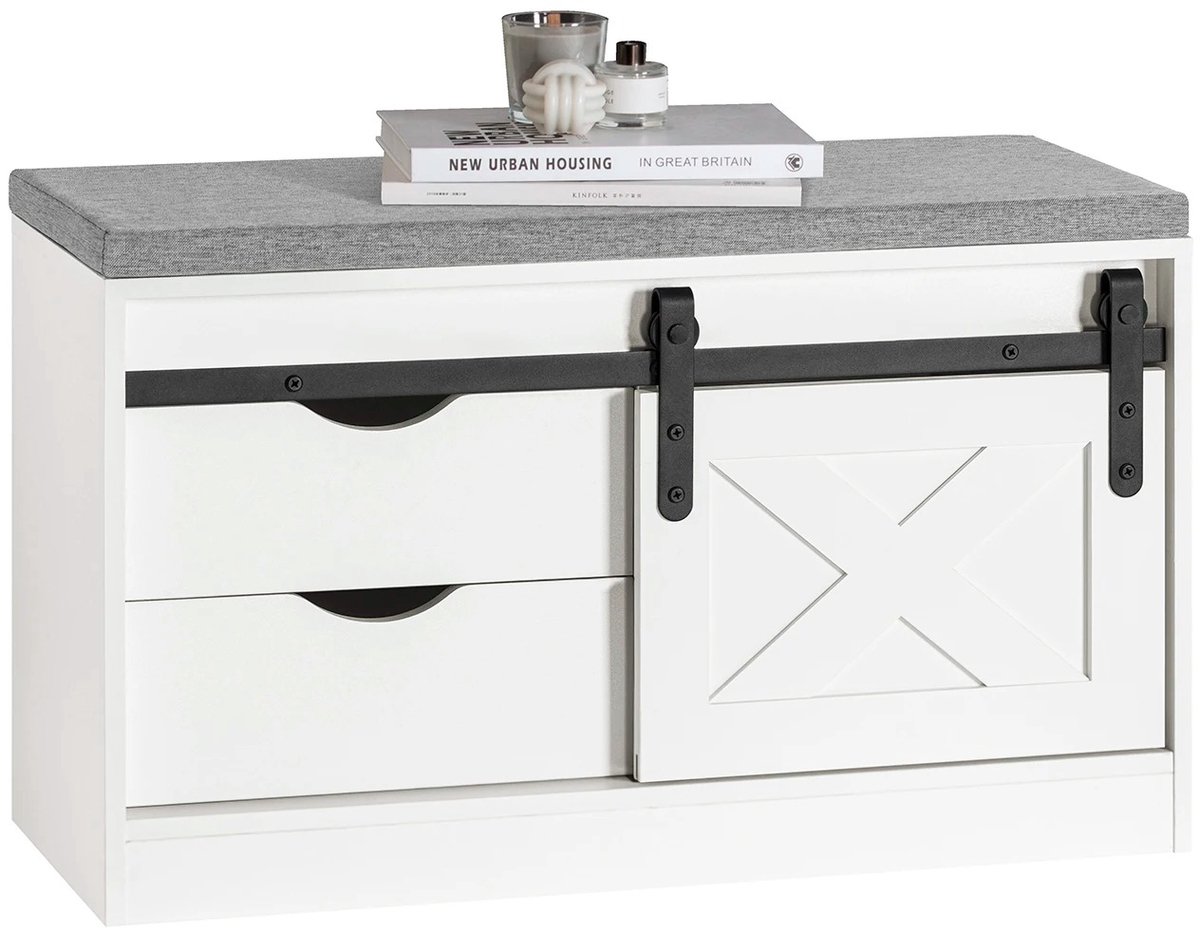 DoneMore® - Schoenenbank met zitting - opbergbank met schuifdeuren - verstelbare planken - wit MDF - 80x30x49 cm - 17 kg (6153241650696)