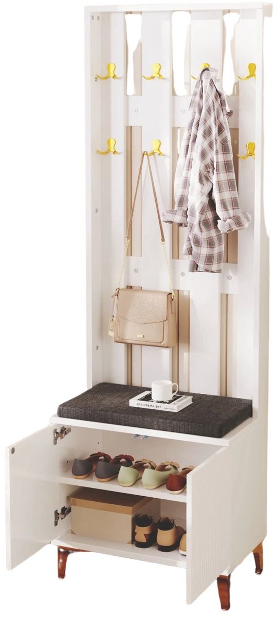 DoneMore® - kledingkast set - schoenenkast met bank - met kussen - met haken - wit - 60 x 35 x 180 cm (6153550422427)