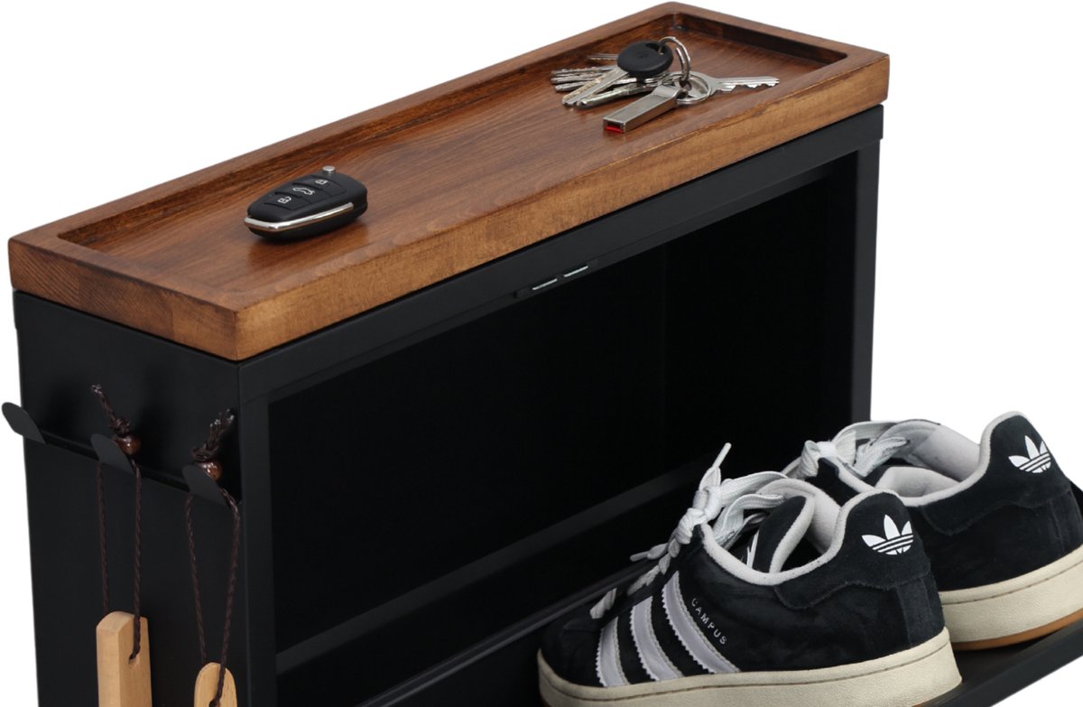 Furni24 Schoenenkast met accessoires, zwart, 2 deuren, 52x15x72,5 cm, donker beukenhouten afwerking (8684032205187)