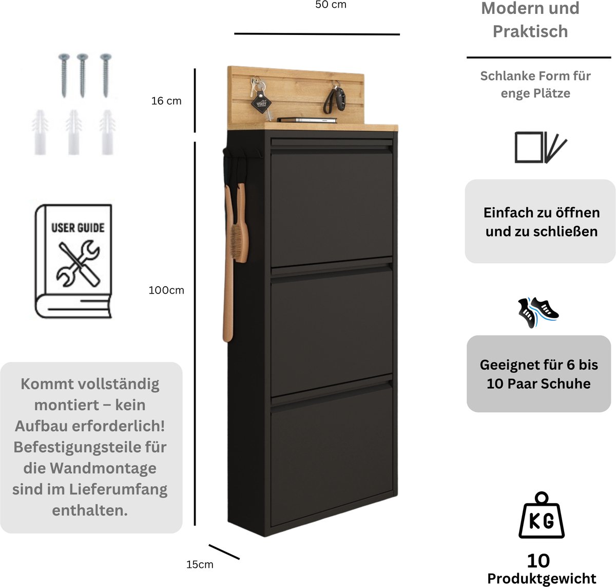 Furni24 schoenenkast met accessoires, zwart, 3 deuren, 52 x 15 x 121 cm, inclusief sleutelhaak (8684032205316)