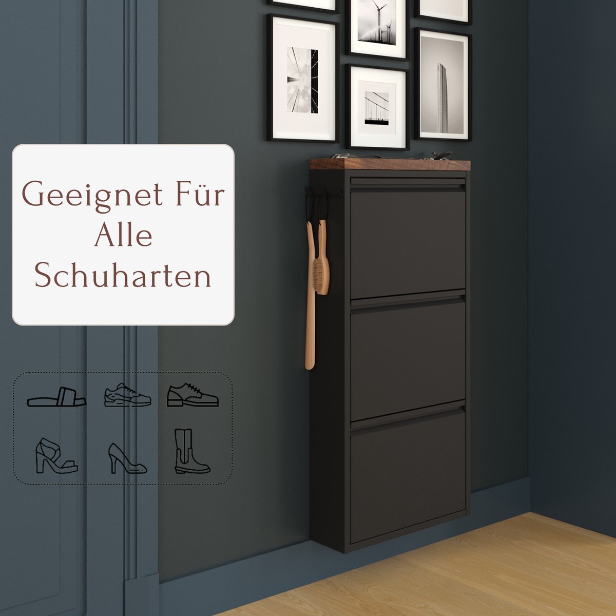 Furni24 schoenenkast met accessoires, zwart, 3 deuren, 52x15x105,5 cm, donker beukenhouten afwerking (8684032205309)