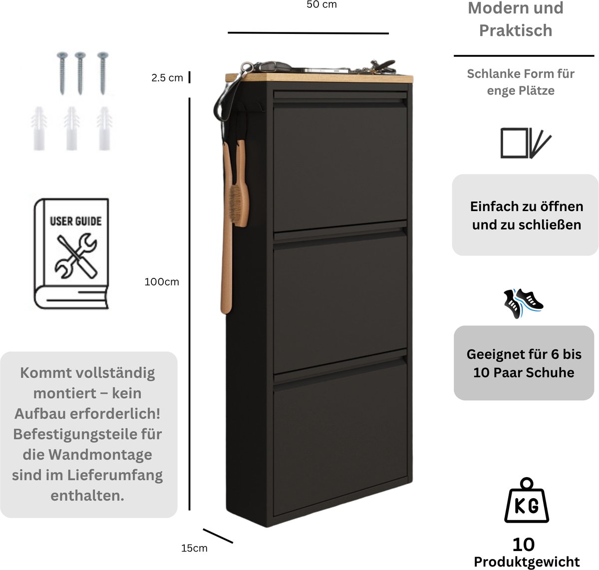 Furni24 schoenenkast met accessoires, zwart, 3 deuren, 52x15x106 cm, afwerking saffier eiken (8684032205293)
