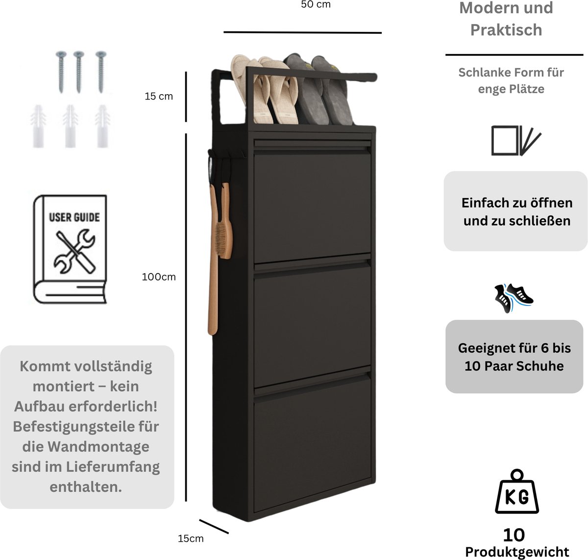Furni24 schoenenkast met accessoires, zwart, 3 deuren, 52x15x118,5 cm, inclusief pantoffelrek (8684032205323)