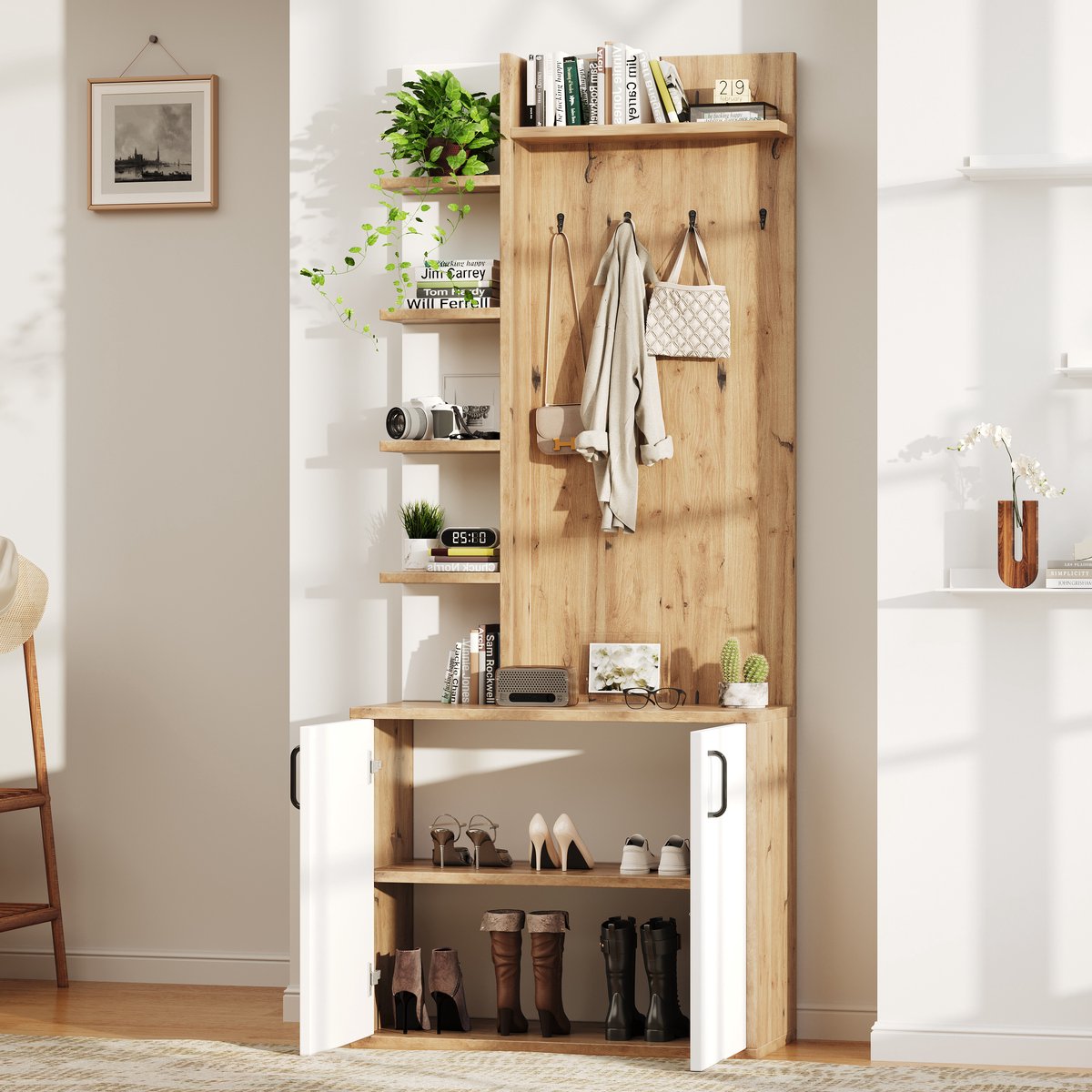 Garderoberek - 75x33x180 cm - met Schoenenopbergruimte - 5 Vakken en Haken - Hout - Naturel en Wit (8901660934679)